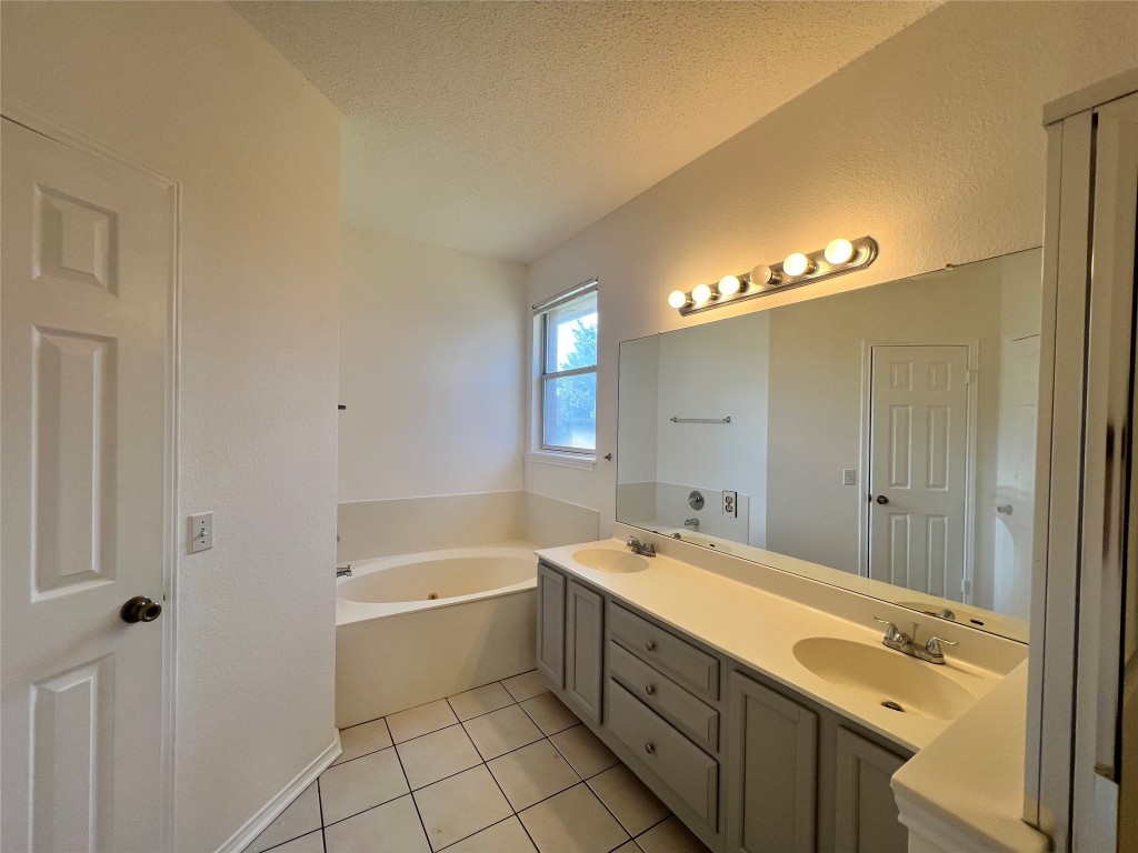 1525 Natural Bridge Lane Pflugerville, TX 78660 - Photo 14 of 15 a spacious bathroom with a double vanity sink a mirror and a bathtub