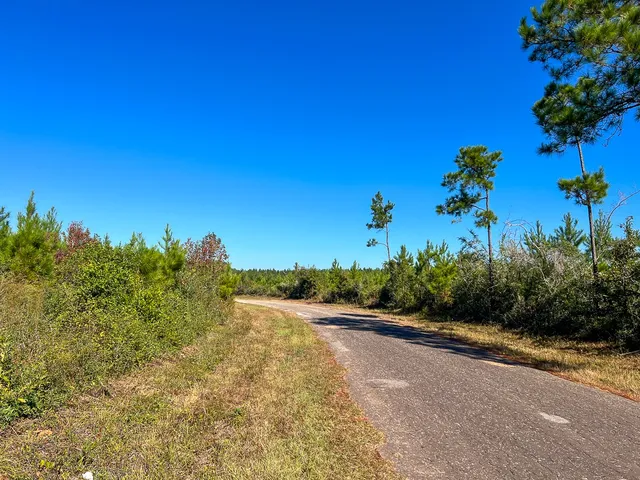 a view of a road with a building in the background
