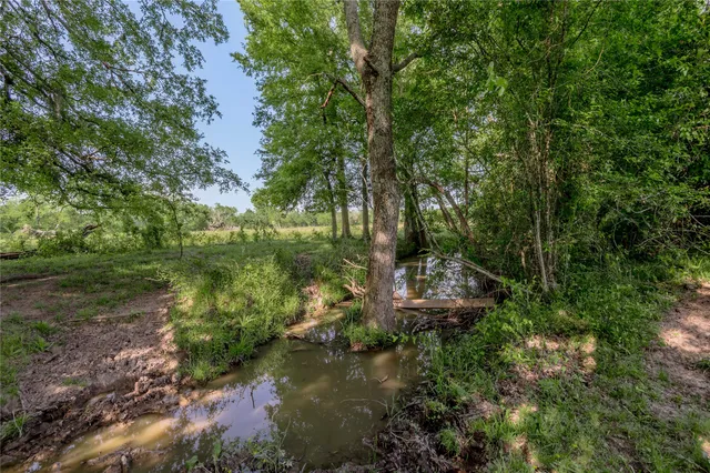 a view of a lake with a house in a forest