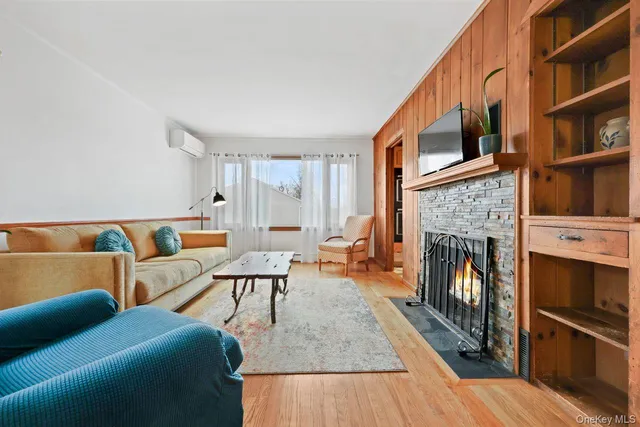 a living room with furniture a fireplace and a book shelf