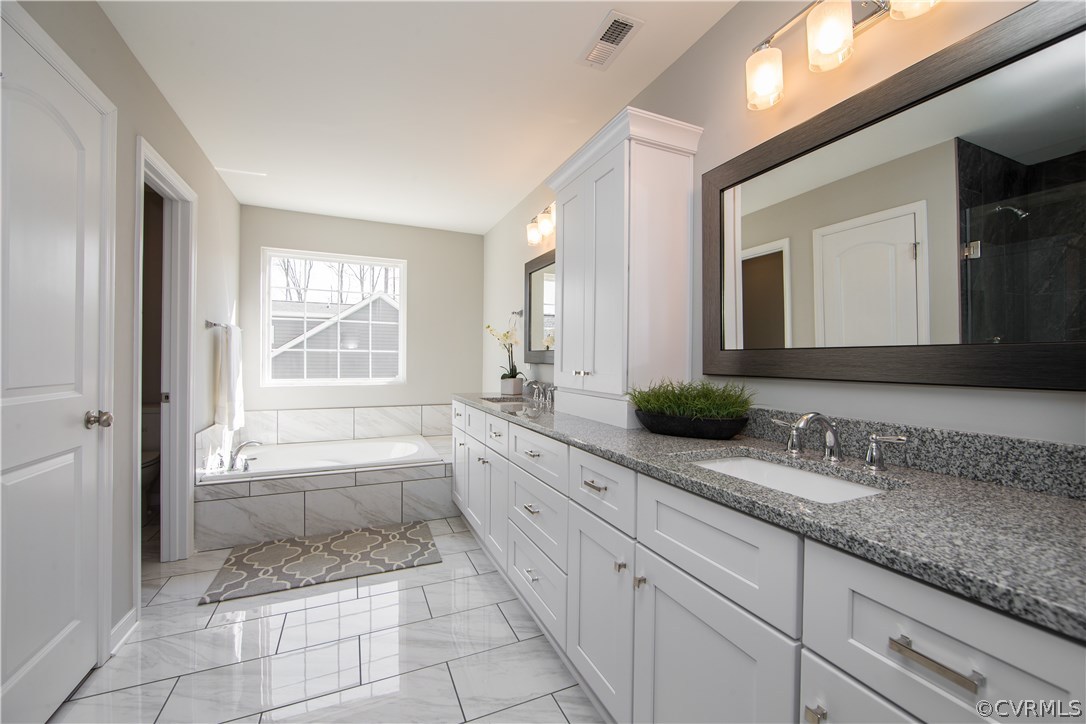 8955 Lavenham Loop Midlothian, VA 23112 - Photo 31 of 47 a bathroom with a granite countertop sink a mirror and a bathtub