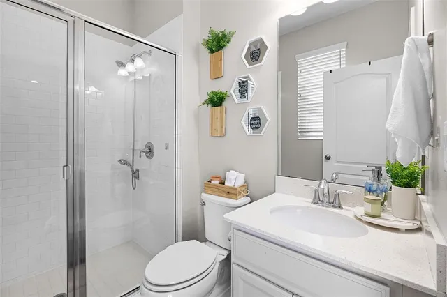 a bathroom with a sink a toilet a mirror and shower