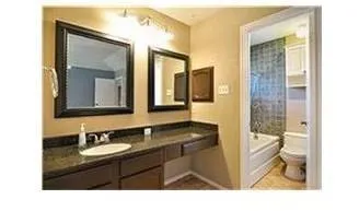 a bathroom with a sink a toilet a mirror and shower