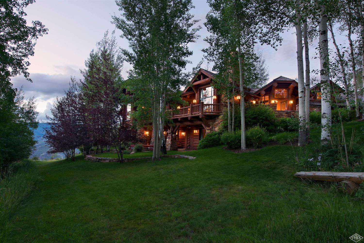 a view of a park with large trees