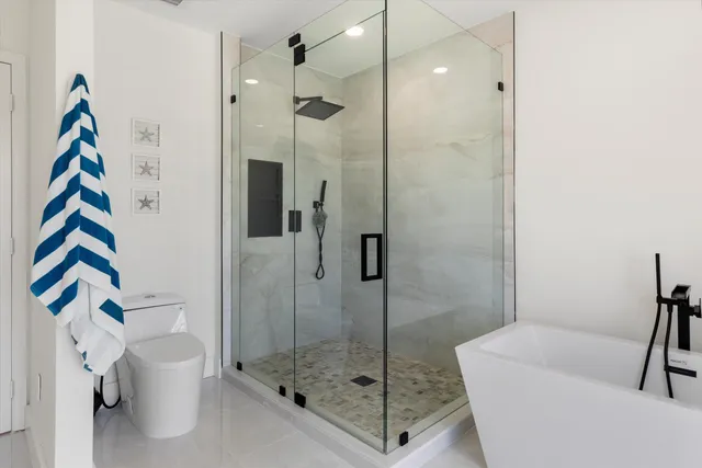 a bathroom with a shower and a toilet