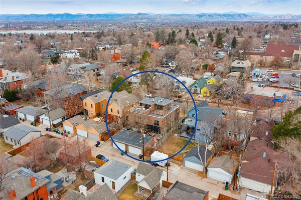 an aerial view of a swimming pool