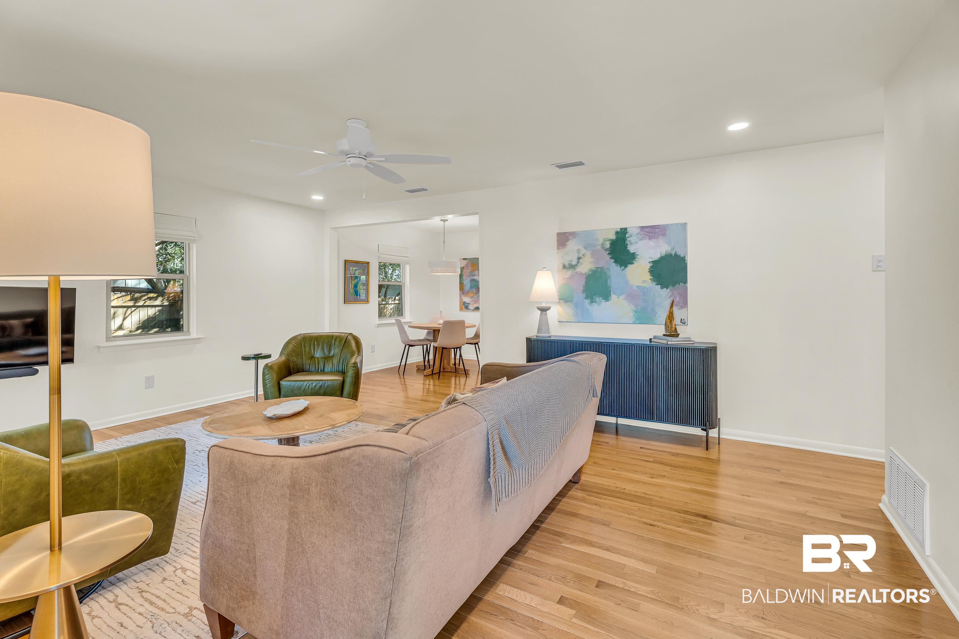 357 Azalea Street Fairhope, AL 36532 - Photo 3 of 22 Living room featuring light wood-style flooring, recessed lighting, and ceiling fan