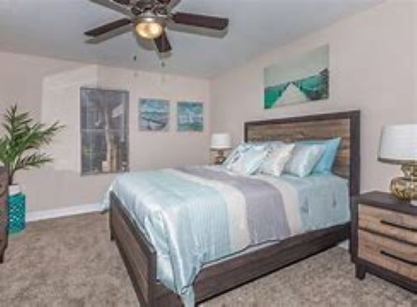 420 Garland Drive, Unit 213 Lake Jackson, TX 77566 - Photo 6 of 9 a bedroom with a bed and a potted plant