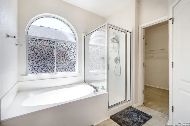 a bathroom with a bathtub and a shower