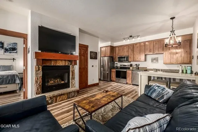 a living room with furniture and a fireplace