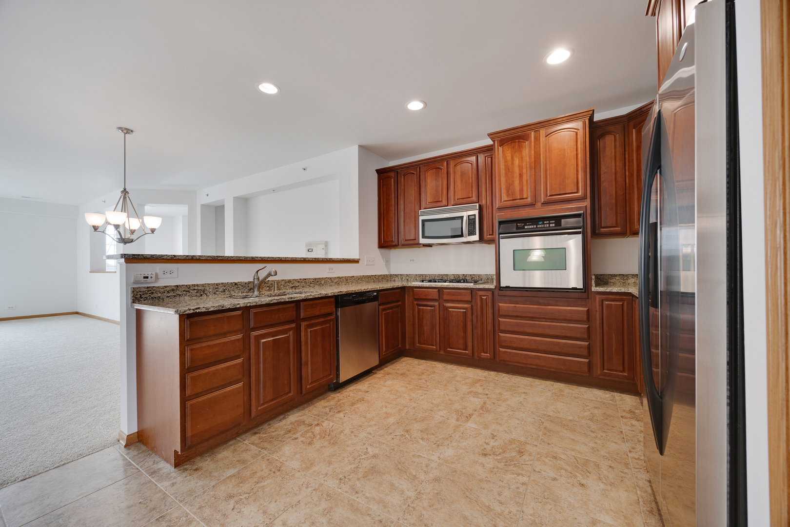 1385 Scarboro Road, Unit 204 Schaumburg, IL 60193 - Photo 3 of 18 a kitchen with stainless steel appliances granite countertop a refrigerator and cabinets