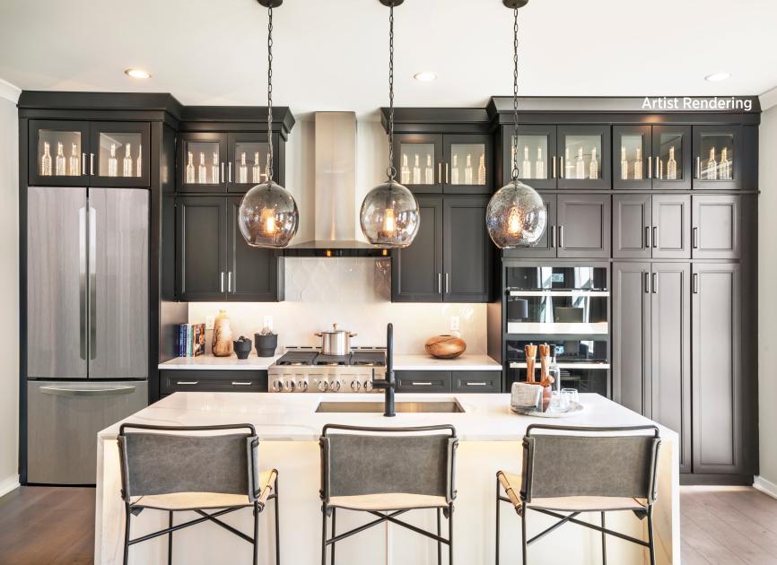 a kitchen with stainless steel appliances cabinets and a dining table