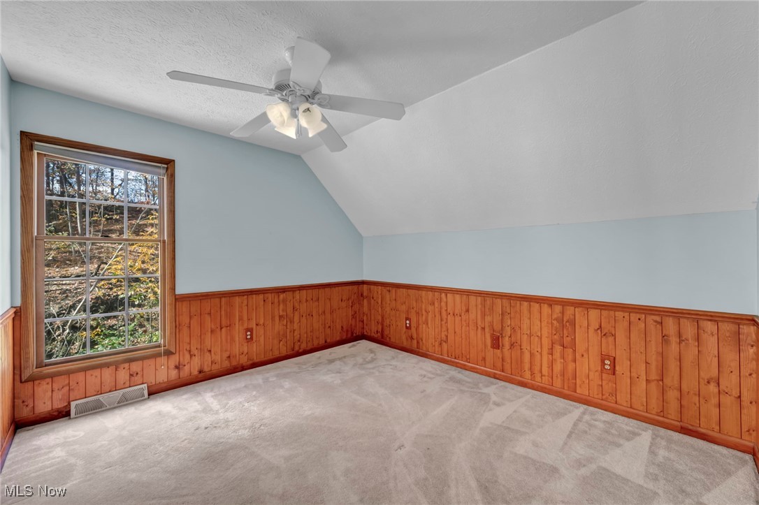159 Burns Road Elyria, OH 44035 - Photo 34 of 41 Bonus room with a textured ceiling, lofted ceiling, wood walls, carpet flooring, and wainscoting