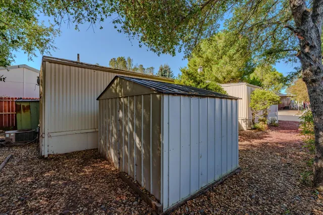 a backyard of a house with plants and tree