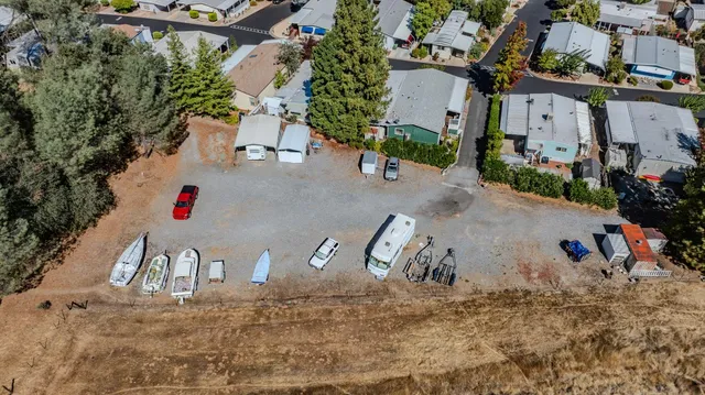 an aerial view of a house with garden