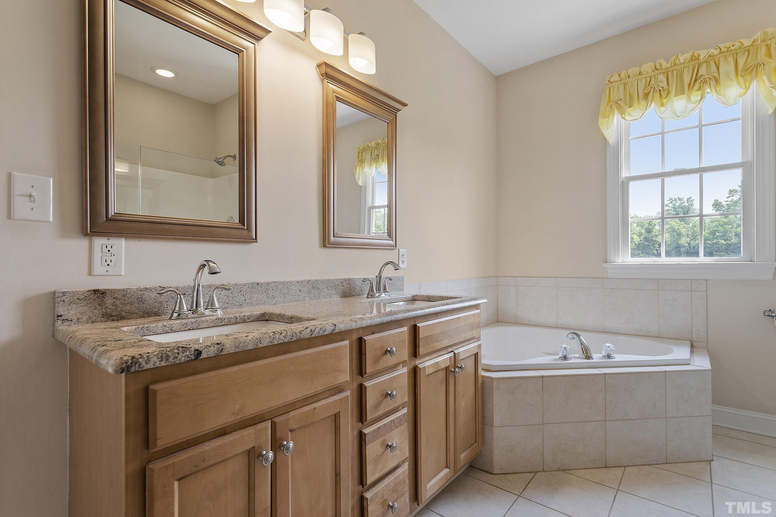 90 Fletcher Ridge Road Timberlake, NC 27583 - Photo 19 of 26 a bathroom with a granite countertop bathtub sink and mirror