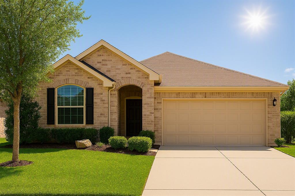 13153 Fencerow Road Fort Worth, TX 76244 - Photo 1 of 16 Brick exterior featuring an arched entryway, arched window with black shutters, and a two-car garage