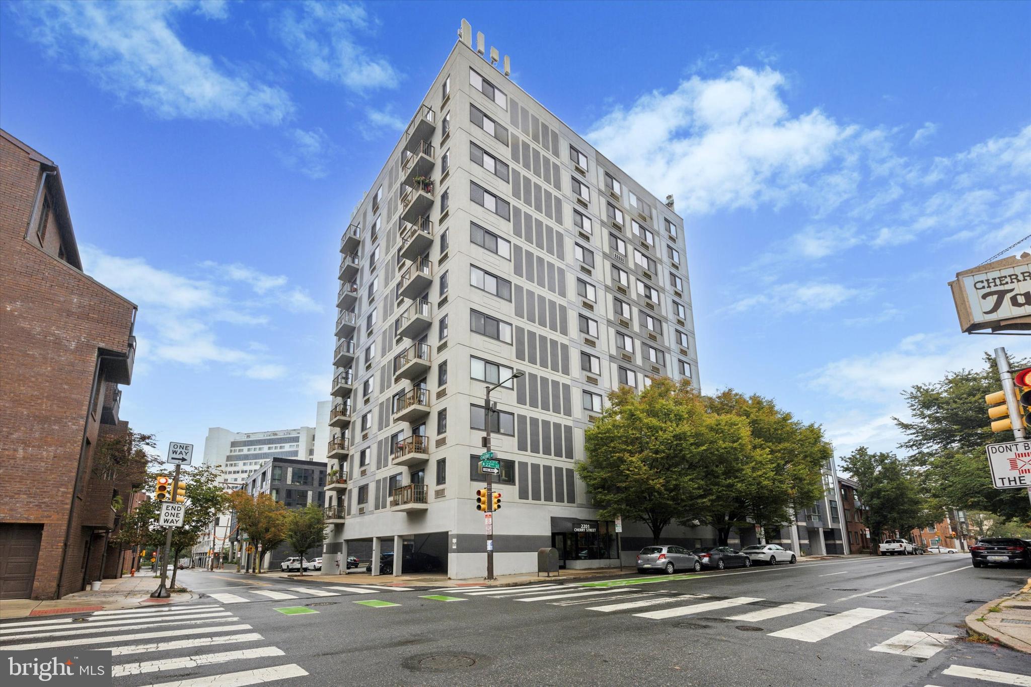 a view of a building and a street