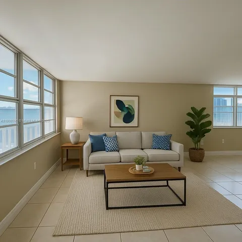 a living room with furniture and a potted plant
