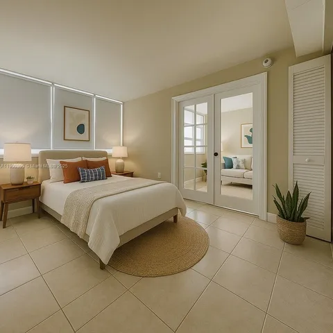 a bedroom with a large bed and a potted plant