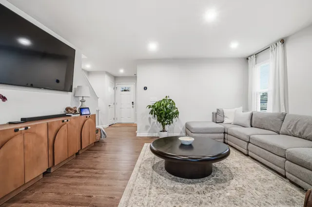 a living room with furniture and a potted plant
