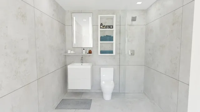 a bathroom with a sink a toilet and shower