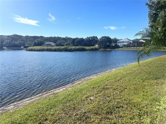 a view of a lake with houses in the back