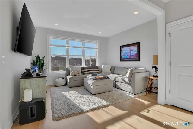 a living room with furniture a flat screen tv and a potted plant