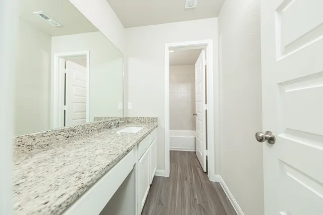 a bathroom with a granite countertop sink and a wooden vanity