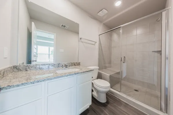 a bathroom with a granite countertop sink toilet and shower