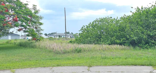 a view of a lake with a big yard and large trees