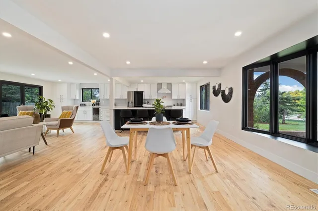 a view of a dining room with furniture window and wooden floor