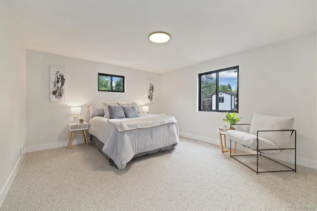 a bedroom with a bed and a couch