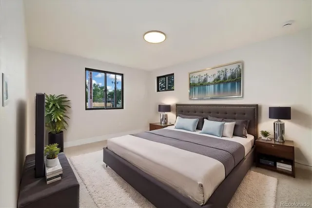 a bedroom with a bed and a couch