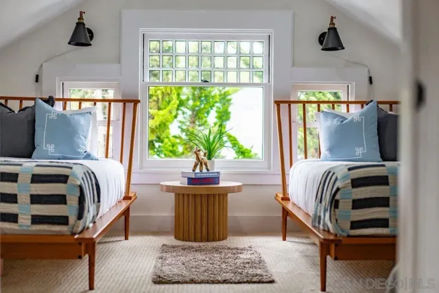 a bedroom with a bed and windows