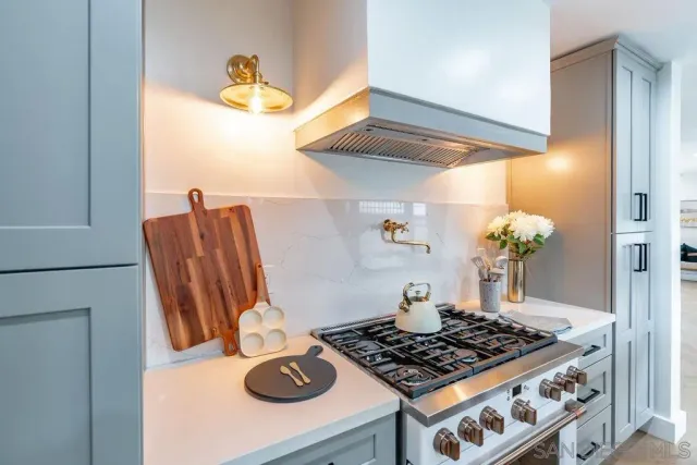 a table with a stove and a wooden floor