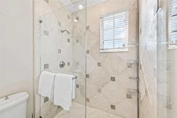 a bathroom with a shower and toilet
