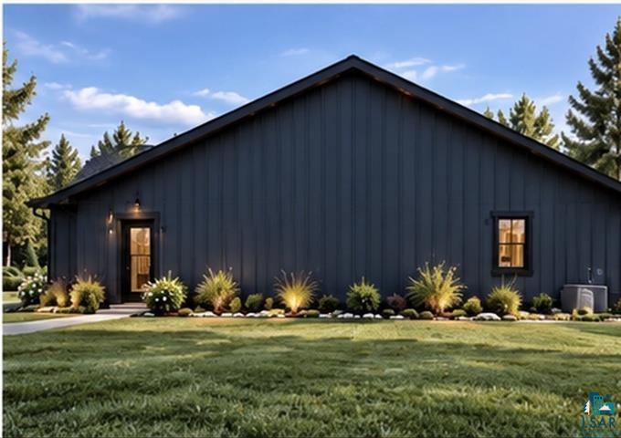3817 Getchell Road Hermantown, MN 55811 - Photo 5 of 11 Dark blue siding, a gabled roofline, a entry door, landscape with varied plantings is only for visual only AI generated.