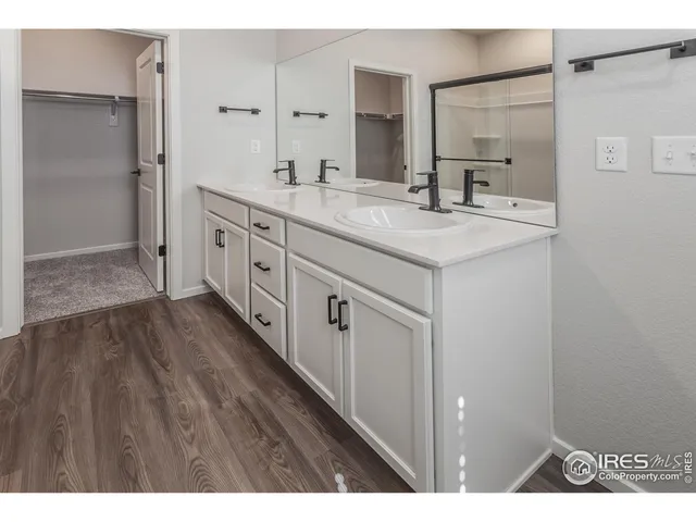 a bathroom with a double vanity sink a mirror and a shower