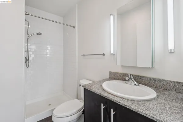 a bathroom with a granite countertop sink toilet and shower