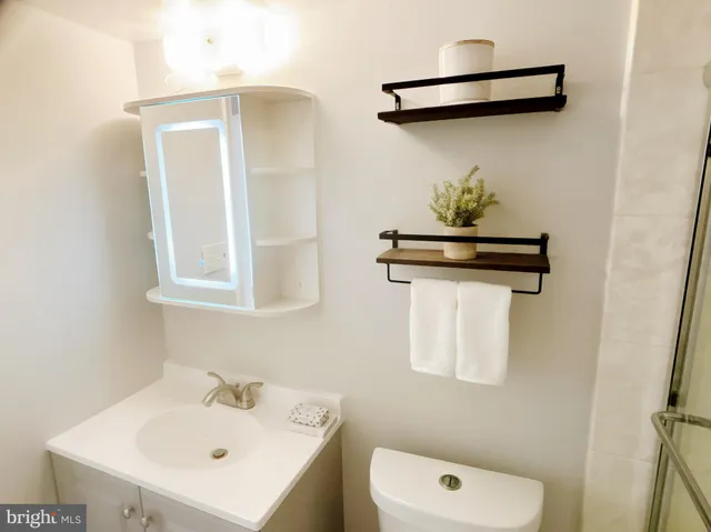 a bathroom with a sink a mirror and a toilet