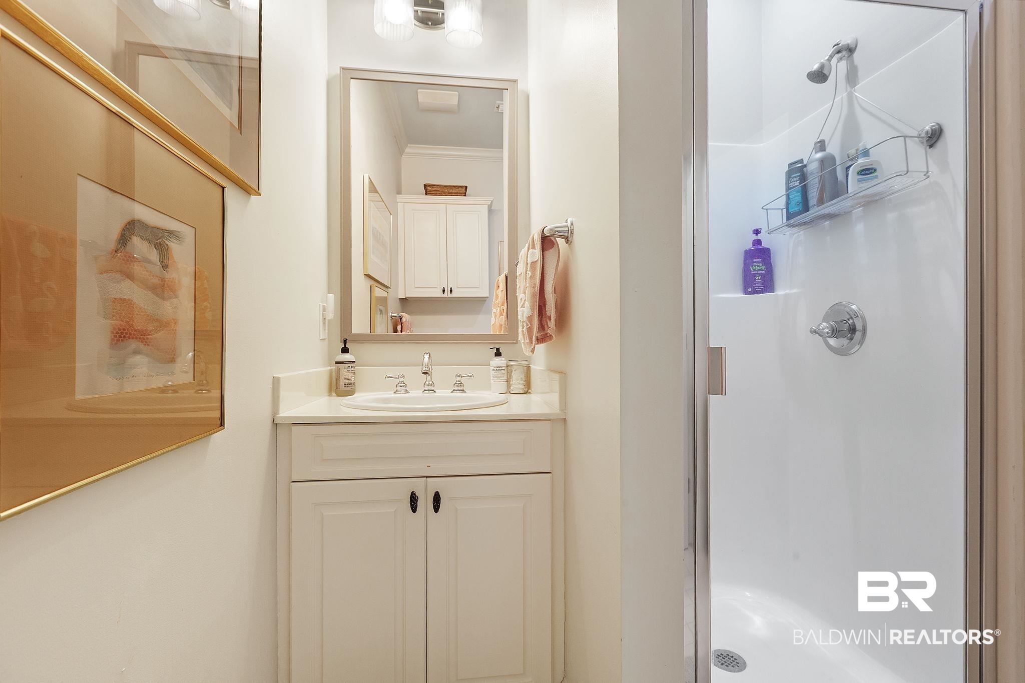 6434 County Road 95 Elberta, AL 36530 - Photo 36 of 99 Bathroom featuring ornamental molding, vanity, and a stall shower