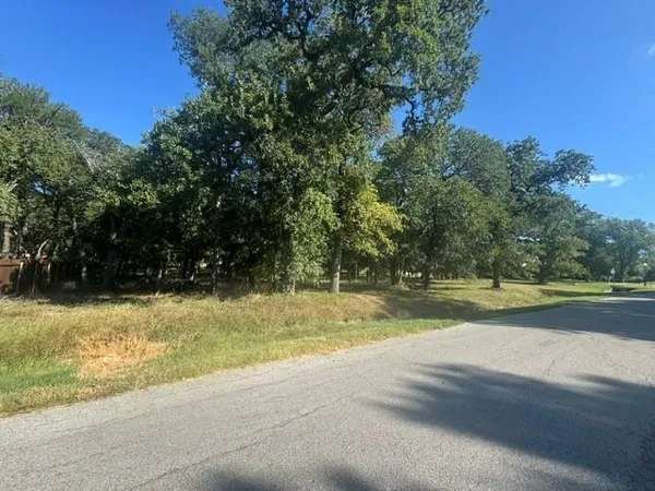 a view of a yard with large trees