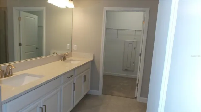 a bathroom with a double vanity sink a mirror and a shower