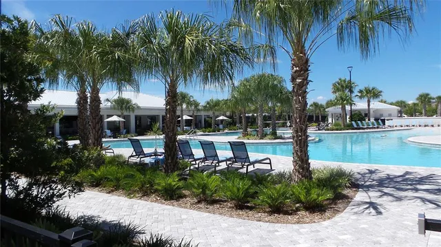 a view of a swimming pool with a garden