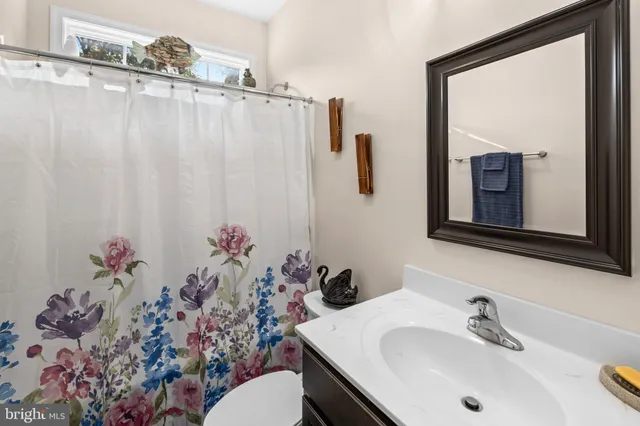 a bathroom with a sink mirror and vanity