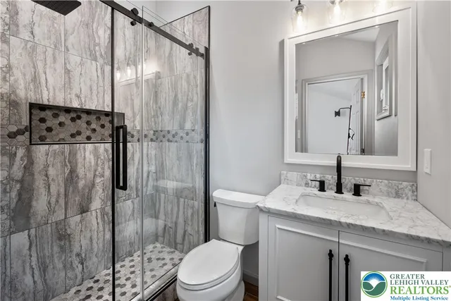 a bathroom with a granite countertop sink toilet and shower