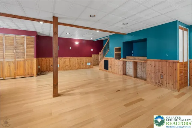 a view of a hall with a large window