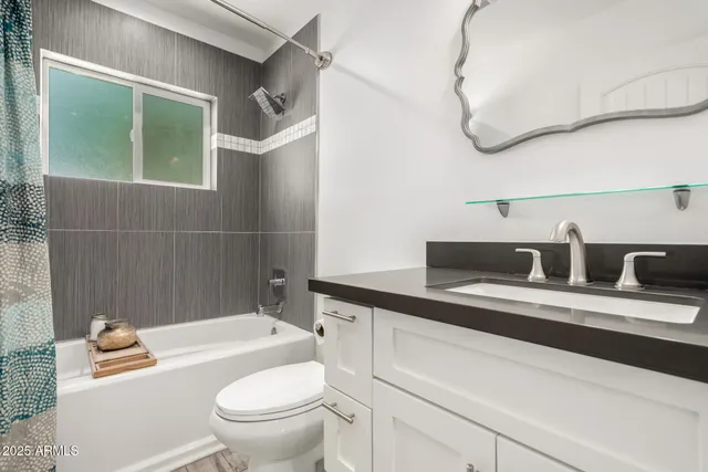 a bathroom with a sink a toilet and a mirror