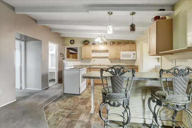 a view of a backyard with large trees